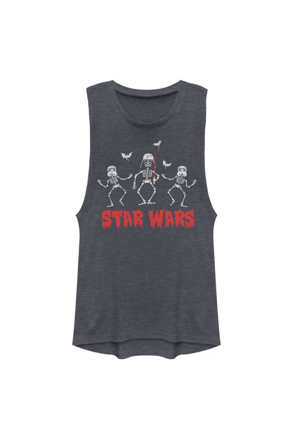 Junior's Star Wars Halloween Vader Skeletons  Festival Muscle Graphic Tee Denim Blue Heather Large