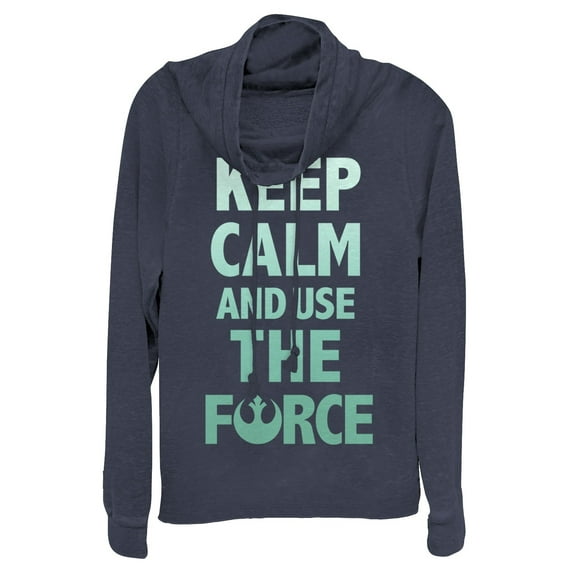 Junior's Star Wars Keep Calm and Use the Force Cowl Neck Sweatshirt Navy Blue Small