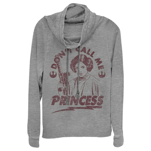 Junior's Star Wars Leia Don't Call Me Princess Cowl Neck Sweatshirt Gray Heather Medium