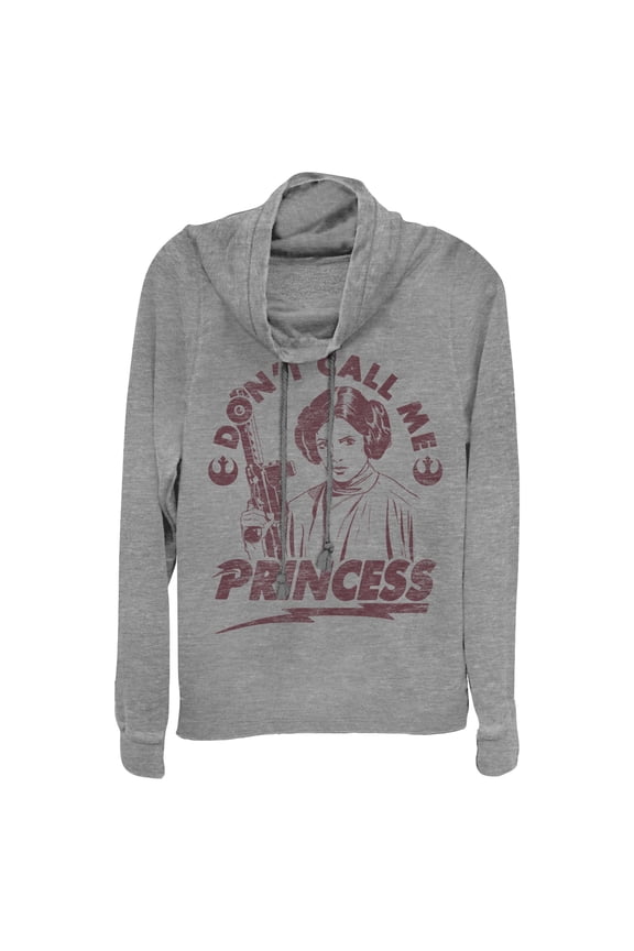 Junior's Star Wars Leia Don't Call Me Princess Cowl Neck Sweatshirt Gray Heather Small