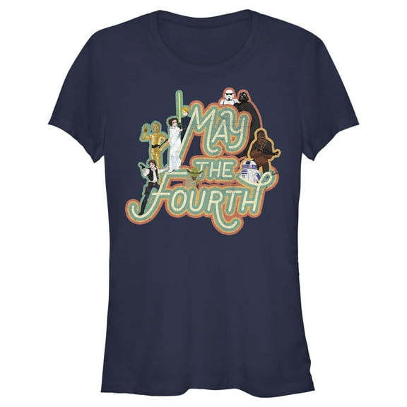 Junior's Star Wars May the Fourth Classic Characters  Graphic Tee Navy Blue Large