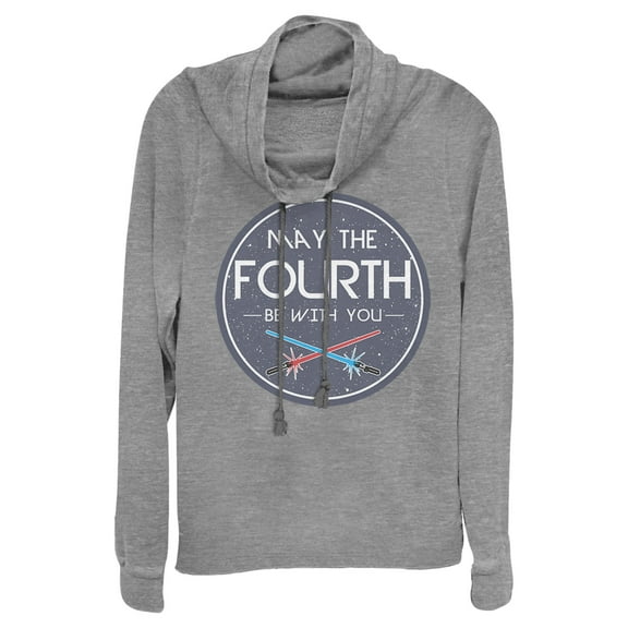 Junior's Star Wars May the Fourth Lightsabers  Cowl Neck Sweatshirt Gray Heather X Small