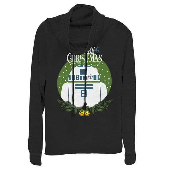 Junior's Star Wars Merry Christmas R2-D2 Cowl Neck Sweatshirt Black Large