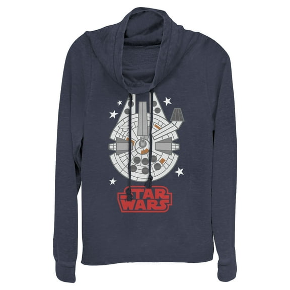Junior's Star Wars Millennium Falcon Cartoon  Cowl Neck Sweatshirt Navy Blue Large