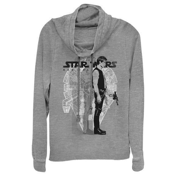 Junior's Star Wars Millennium Falcon Han Solo  Cowl Neck Sweatshirt Gray Heather Large