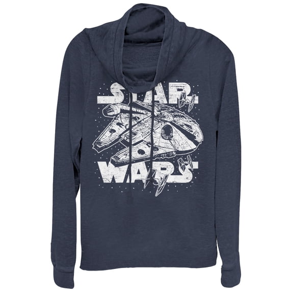 Junior's Star Wars Millennium Falcon Initiate Drive Cowl Neck Sweatshirt Navy Blue 2X Large