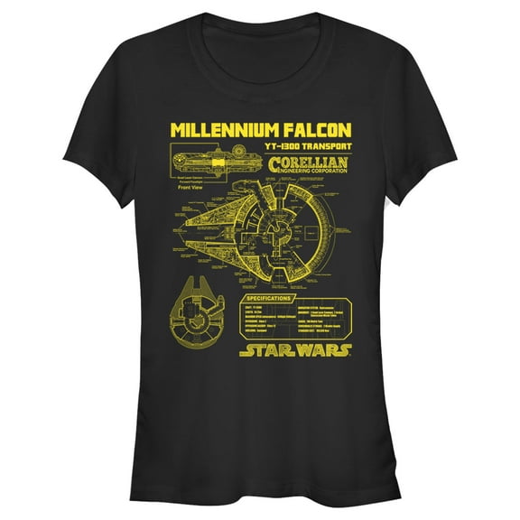 Junior's Star Wars Millennium Falcon Schematics  Graphic Tee Black X Large