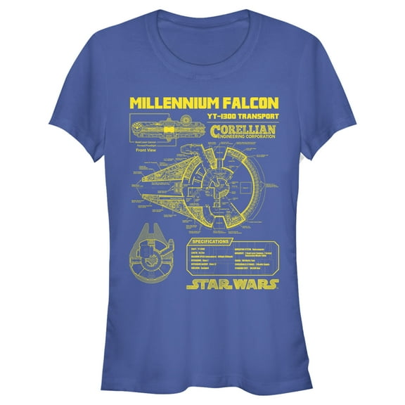 Junior's Star Wars Millennium Falcon Schematics  Graphic Tee Royal Blue Small