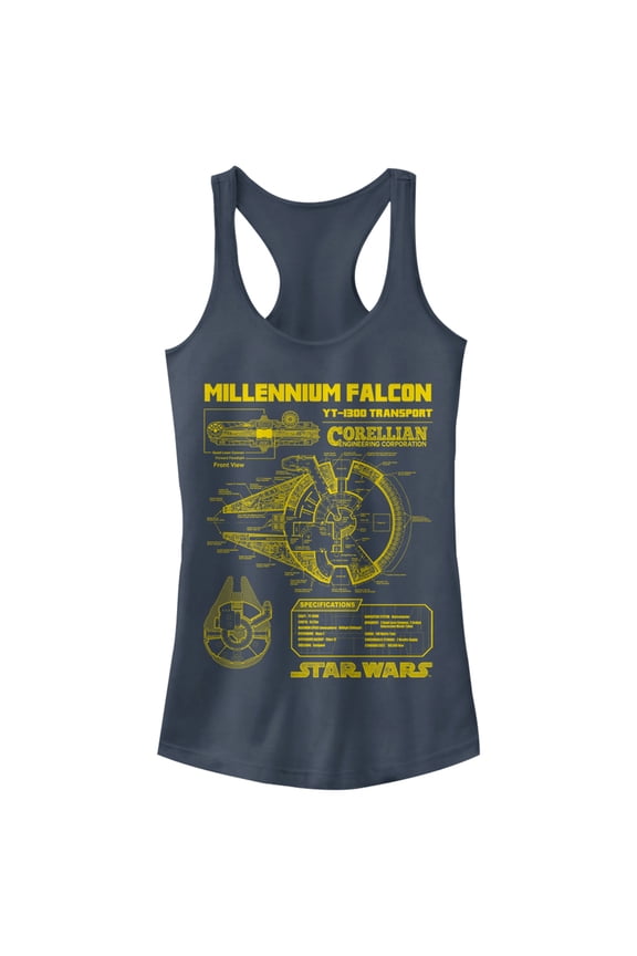 Junior's Star Wars Millennium Falcon Schematics Racerback Tank Top Indigo X Large