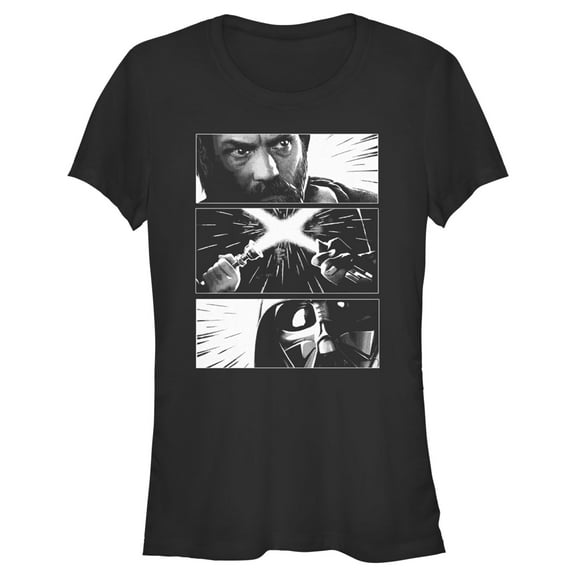Junior's Star Wars: Obi-Wan Kenobi Darth Vader vs Kenobi Grayscale Battle Panels  Graphic Tee Black X Large