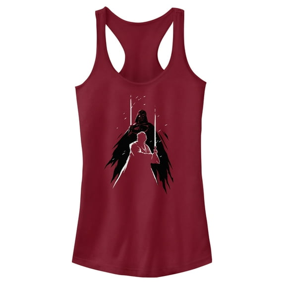 Junior's Star Wars: Obi-Wan Kenobi Darth Vader vs Kenobi Silhouette Lightsaber Battle Racerback Tank Top Scarlet Medium