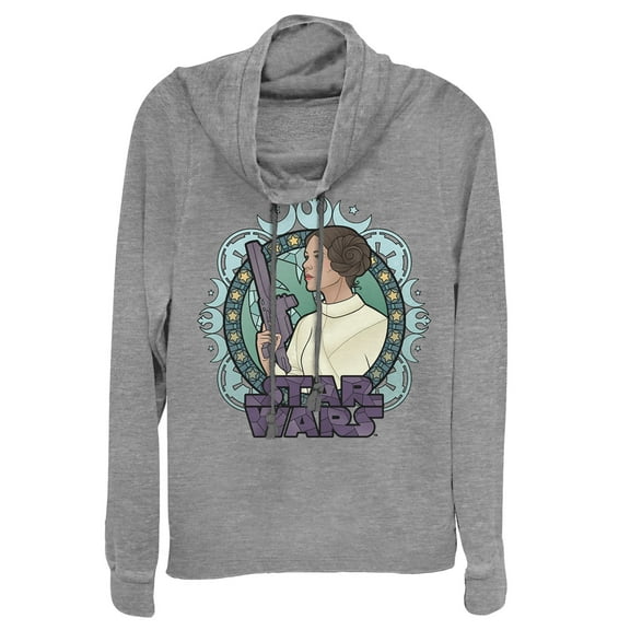 Junior's Star Wars Ornate Princess Leia Glass  Cowl Neck Sweatshirt Gray Heather Large