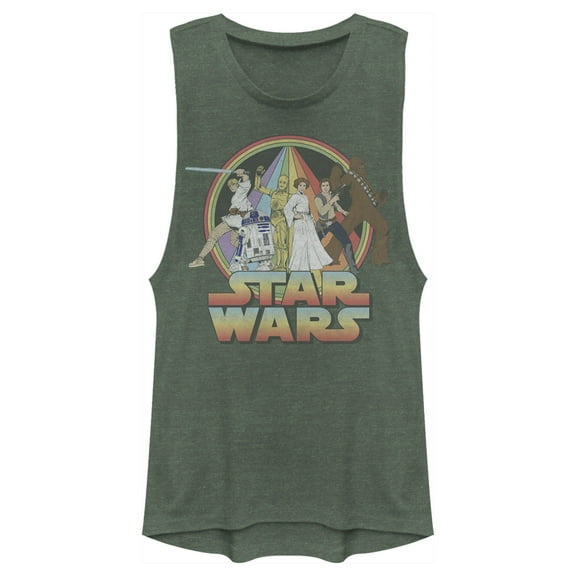 Junior's Star Wars Rainbow Group Shot Vintage Poster Festival Muscle Graphic Tee Pine Green Heather X Small