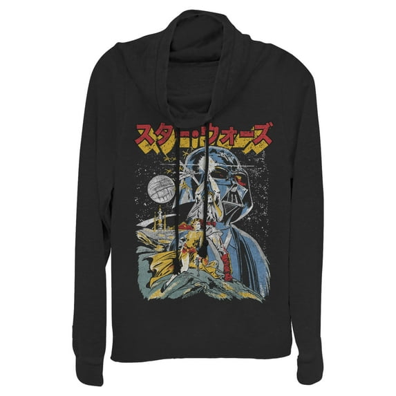 Junior's Star Wars Retro Darth Vader Kanji Poster Cowl Neck Sweatshirt Black 2X Large