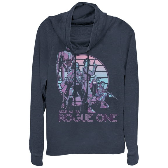 Junior's Star Wars Rogue One Retro Rebel Print  Cowl Neck Sweatshirt Navy Blue Large