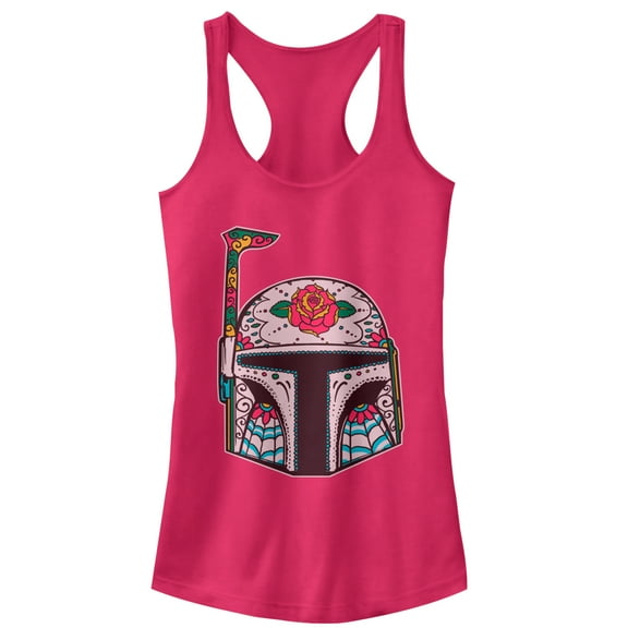 Junior's Star Wars Rose Sugar Skull Boba Fett  Racerback Tank Top Dark Pink X Large