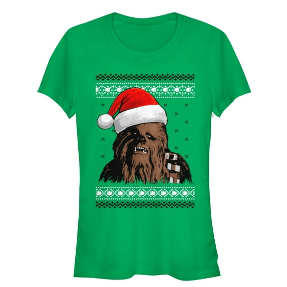 Junior's Star Wars Santa Hat Chewbacca  Graphic Tee Kelly Green Small