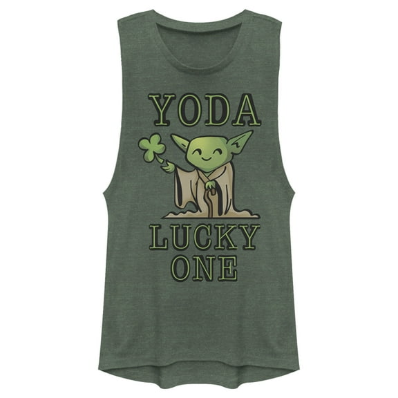 Junior's Star Wars St. Patrick's Day Cartoon Yoda Lucky One  Festival Muscle Graphic Tee Pine Green Heather Small