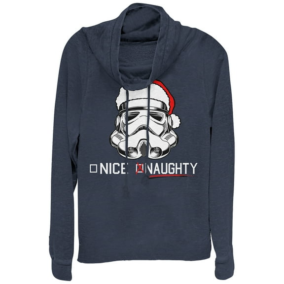 Junior's Star Wars Stormtrooper Naughty List Cowl Neck Sweatshirt Navy Blue Medium