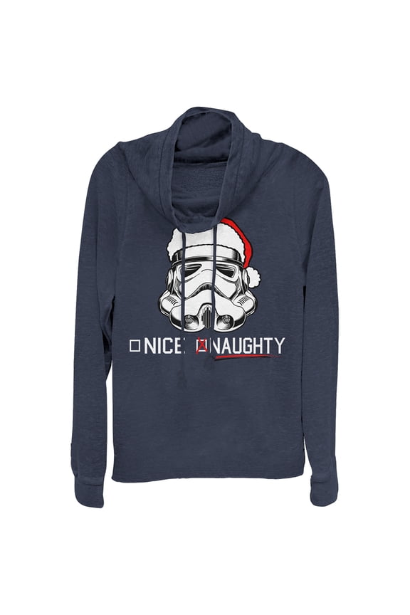 Junior's Star Wars Stormtrooper Naughty List Cowl Neck Sweatshirt Navy Blue Medium