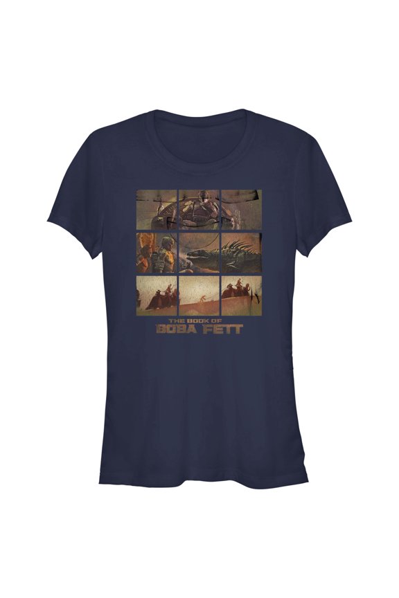 Junior's Star Wars: The Book of Boba Fett Tatooine Desert Comic Panels Graphic Tee Navy Blue Medium