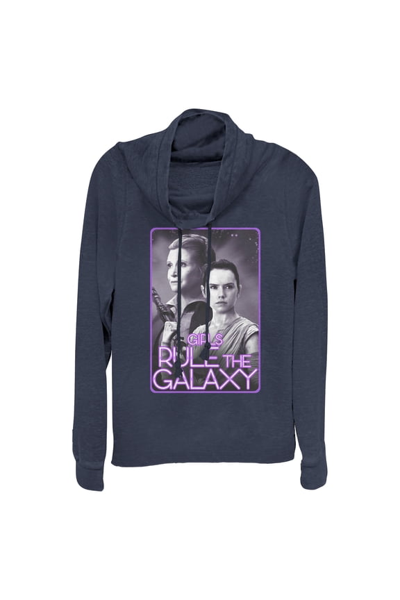 Junior's Star Wars The Force Awakens Leia and Rey Rule the Galaxy Cowl Neck Sweatshirt Navy Blue X Small