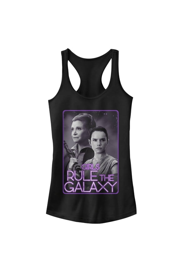 Junior's Star Wars The Force Awakens Leia and Rey Rule the Galaxy Racerback Tank Top Black X Large