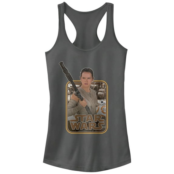 Junior's Star Wars The Force Awakens Retro Rey and BB-8 Racerback Tank Top Charcoal 2X Large