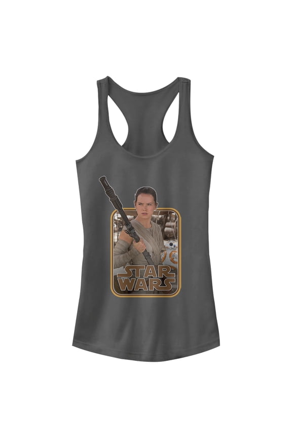 Junior's Star Wars The Force Awakens Retro Rey and BB-8  Racerback Tank Top Charcoal Large