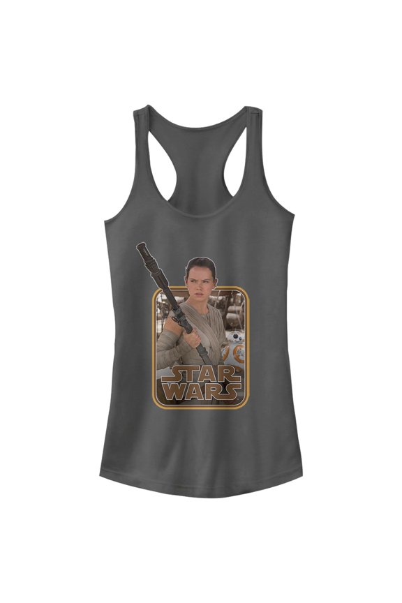 Junior's Star Wars The Force Awakens Retro Rey and BB-8 Racerback Tank Top Charcoal Small