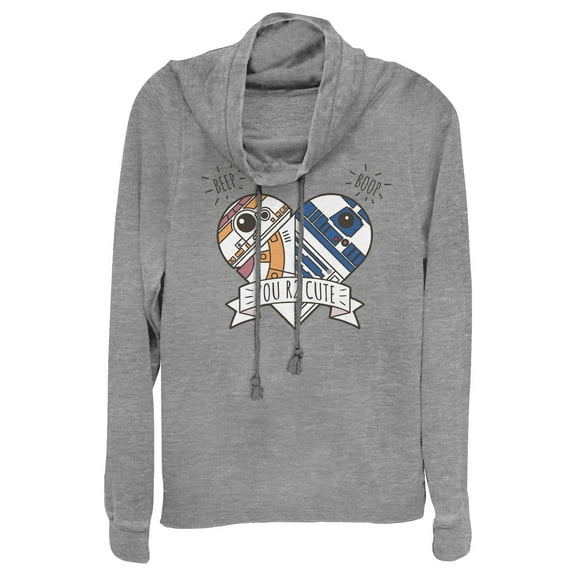 Junior's Star Wars The Force Awakens ValentineCute Droid Heart  Cowl Neck Sweatshirt Gray Heather Small