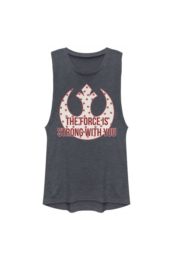 Junior's Star Wars The Force Is Strong Valentine Rebel Logo Festival Muscle Graphic Tee Denim Blue Heather Large