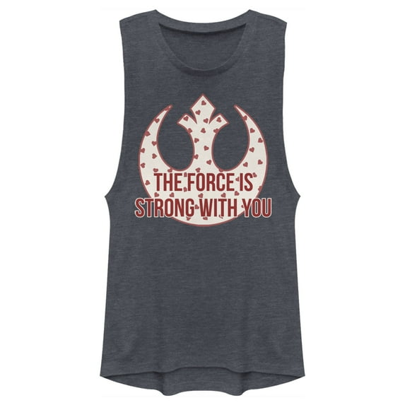 Junior's Star Wars The Force Is Strong Valentine Rebel Logo Festival Muscle Graphic Tee Denim Blue Heather Large