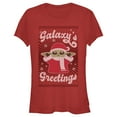 thumbnail image 1 of Junior's Star Wars: The Mandalorian Christmas Grogu Galaxy's Greetings Cute Graphic Tee Red Small, 1 of 3