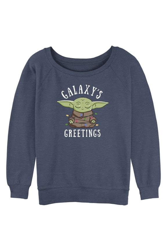 Junior's Star Wars: The Mandalorian Christmas Grogu Galaxy's Greetings Sweatshirt Blue Heather 2X Large