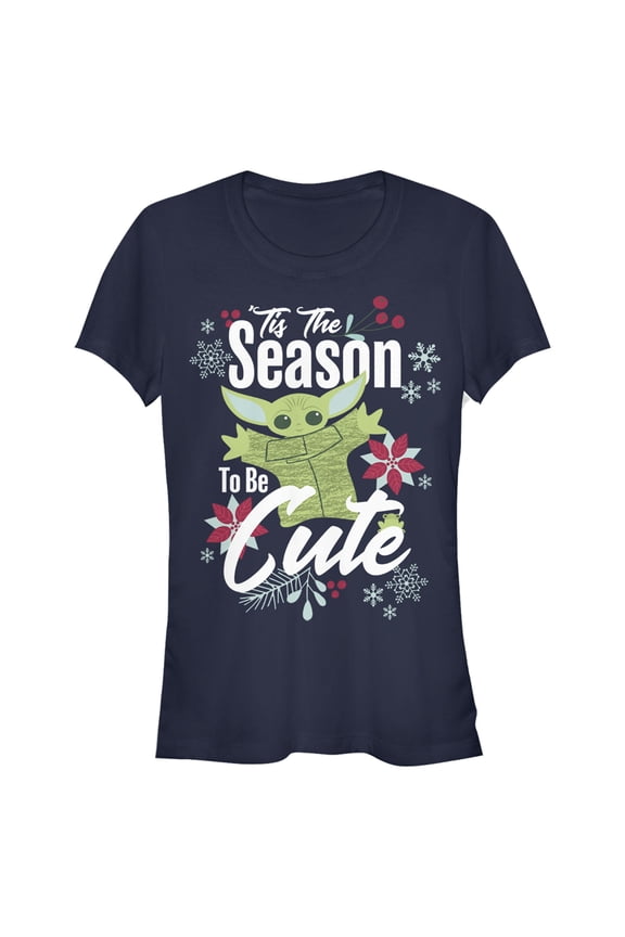 Junior's Star Wars: The Mandalorian Christmas The Child Cute Season Graphic Tee Navy Blue Medium