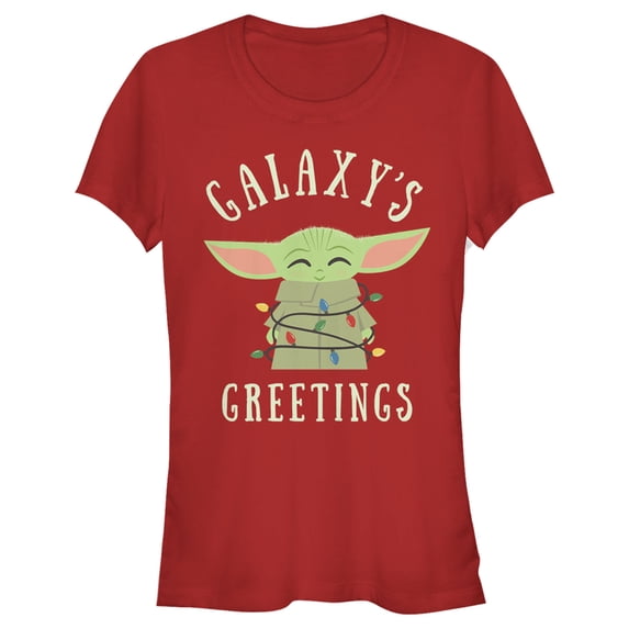 Junior's Star Wars The Mandalorian Christmas The Child Greetings Graphic Tee Red Medium