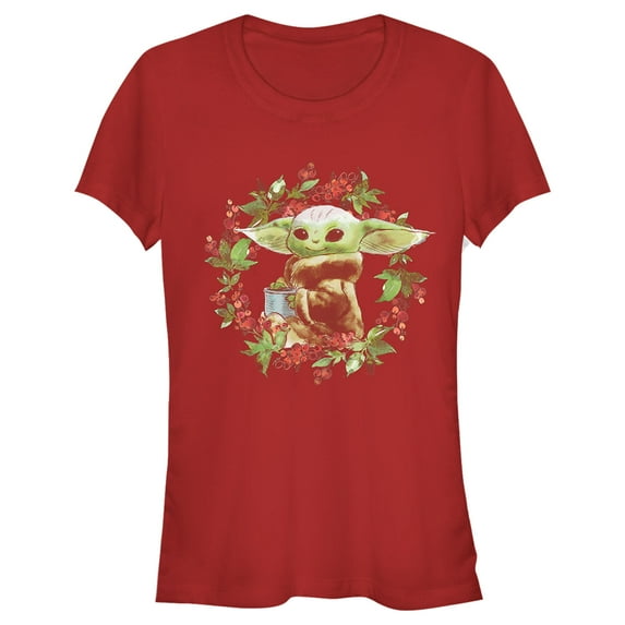 Junior's Star Wars: The Mandalorian Christmas The Child Wreath Graphic Tee Red Large
