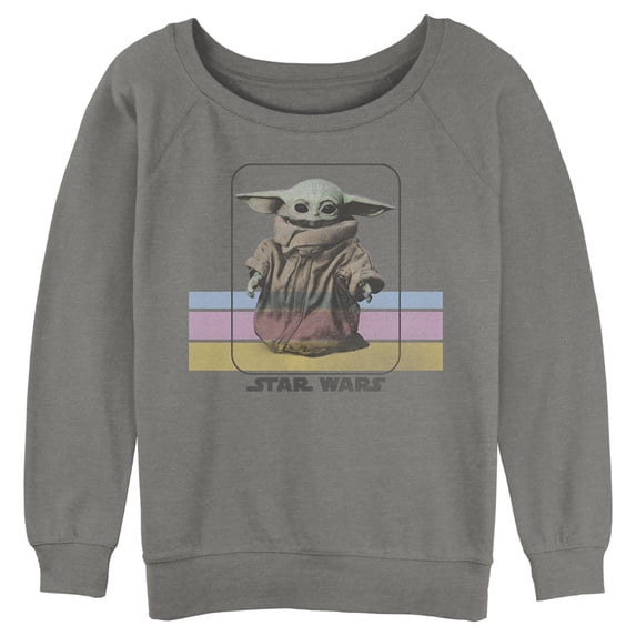 Junior's Star Wars: The Mandalorian Grogu Retro Pastel Stripes Sweatshirt Gray Heather Large