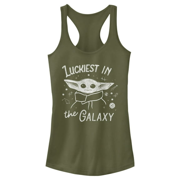 Junior's Star Wars: The Mandalorian Grogu St. Patrick's Day Luckiest In The Galaxy  Racerback Tank Top Military Green X Large