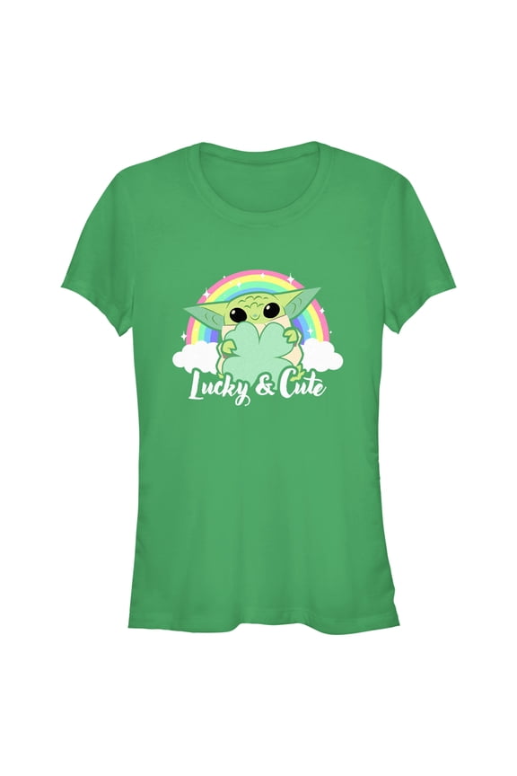 Junior's Star Wars: The Mandalorian Grogu St. Patrick's Day Rainbow Lucky and Cute Graphic Tee Kelly Green Small