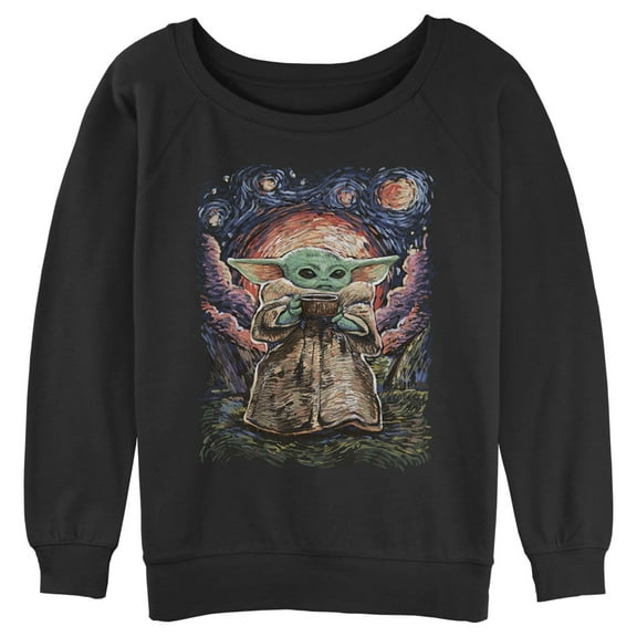 Junior's Star Wars: The Mandalorian Grogu Starry Night  Sweatshirt Black 2X Large