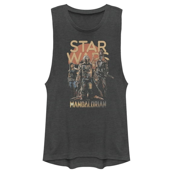 Junior's Star Wars: The Mandalorian Grunge Character Festival Muscle Graphic Tee Charcoal Medium
