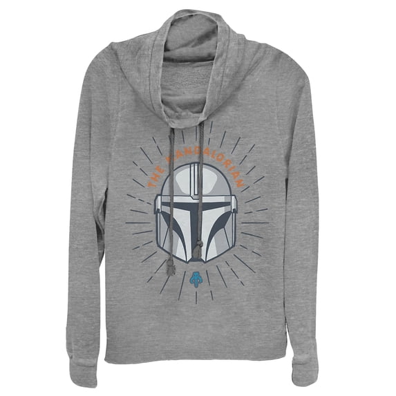Junior's Star Wars: The Mandalorian Helmet Cartoon Cowl Neck Sweatshirt Gray Heather Medium