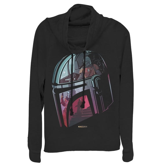 Junior's Star Wars: The Mandalorian Helmet Reflection Cowl Neck Sweatshirt Black 4X Large