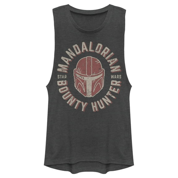 Junior's Star Wars: The Mandalorian Helmet Stamp Festival Muscle Graphic Tee Charcoal X Large