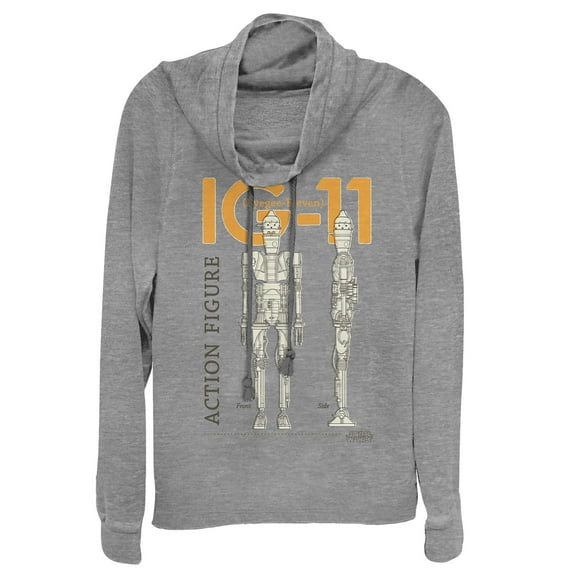 Junior's Star Wars: The Mandalorian IG-11 Action Figure  Cowl Neck Sweatshirt Gray Heather Small