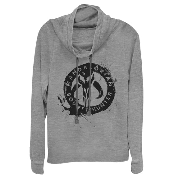 Junior's Star Wars: The Mandalorian Paint Splatter Emblem Cowl Neck Sweatshirt Gray Heather Small