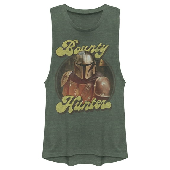 Junior's Star Wars: The Mandalorian Retro Bounty Hunter Festival Muscle Graphic Tee Pine Green Heather Large