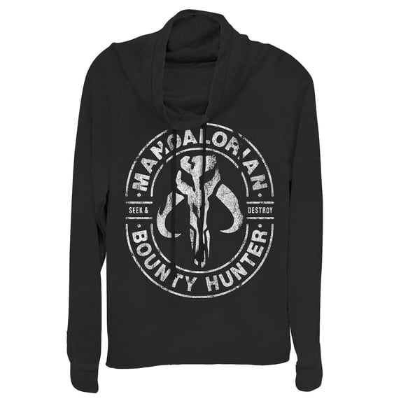 Junior's Star Wars: The Mandalorian Seek & Destroy Stamp Cowl Neck Sweatshirt Black Medium